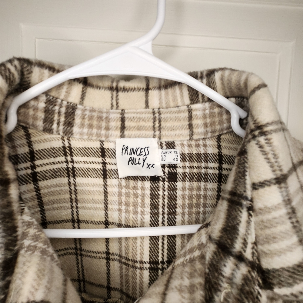 Princess Polly Willa Shirt Beige Women's Sz 8 Button Up Shacket Tan Brown Wool - Picture 6 of 11